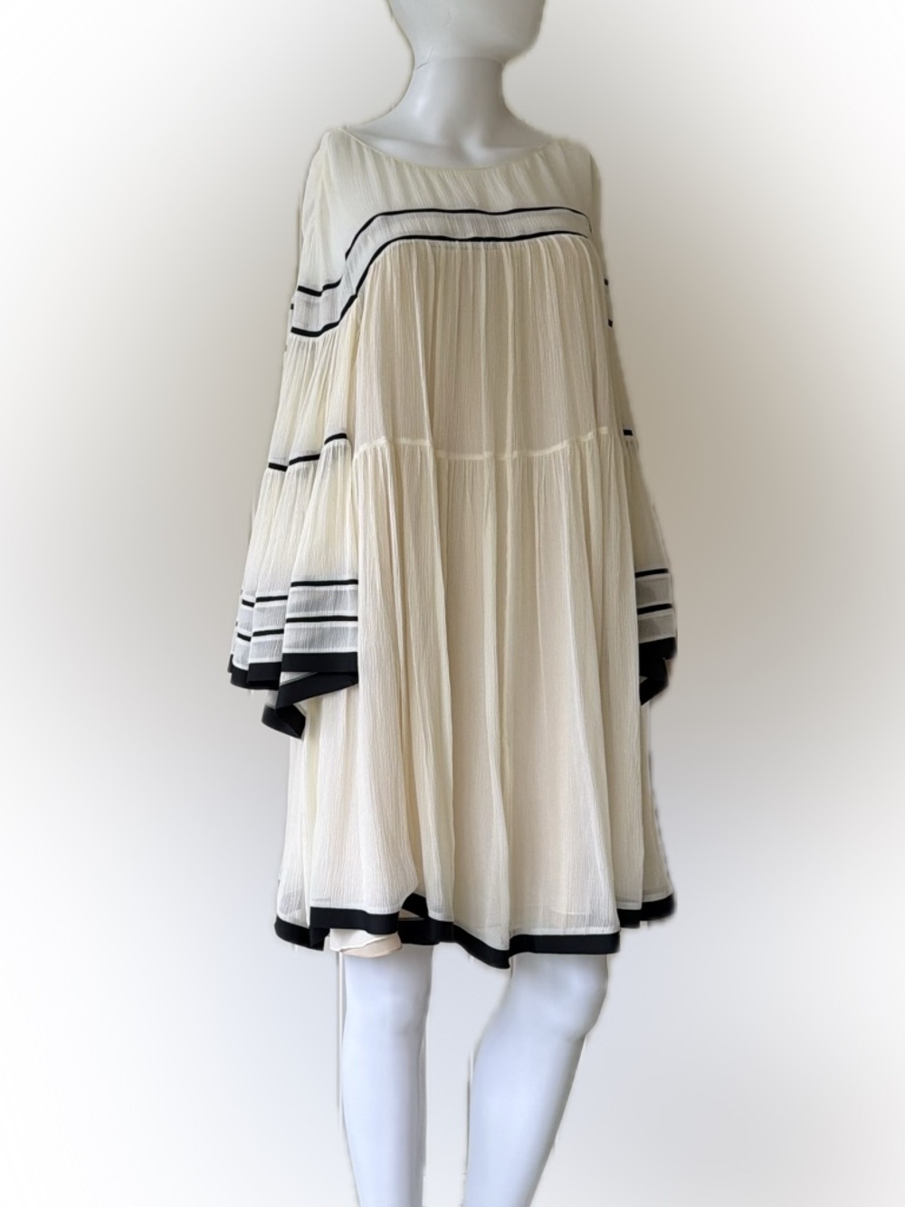 Chloe Cream Silk Crepon Black Striped Swing Mini Trapeze